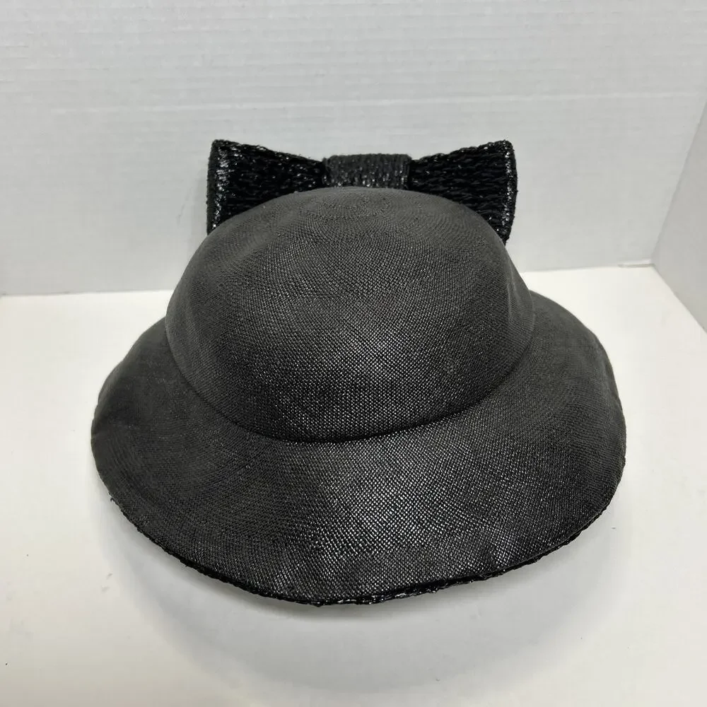 Vtg Hattie Carnegie I Magnin Co., Black Cloche Hat 1950s Woven Ratten Bow Hat